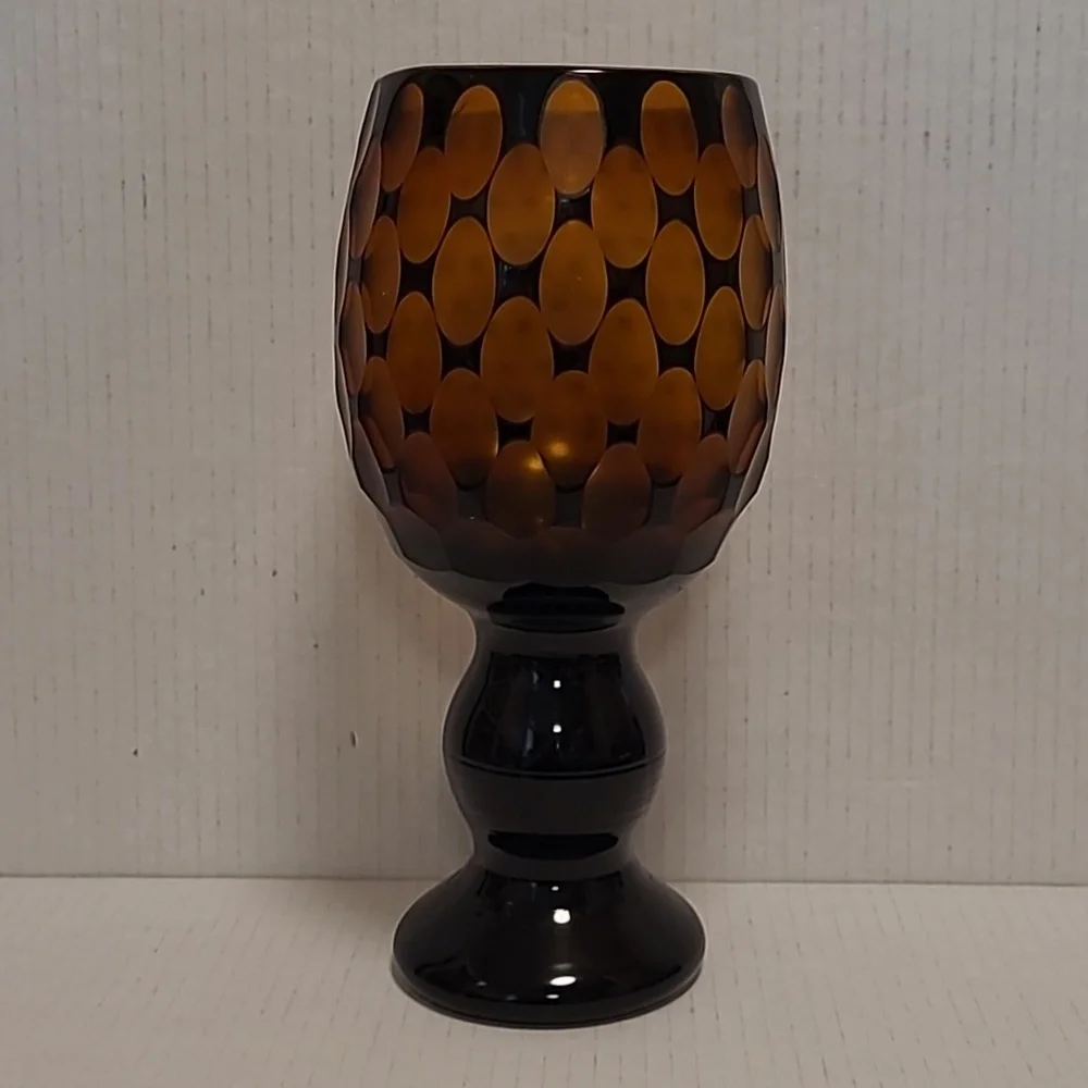 Vintage Murano Style Black Cut to Amber Vase / Candle Holder